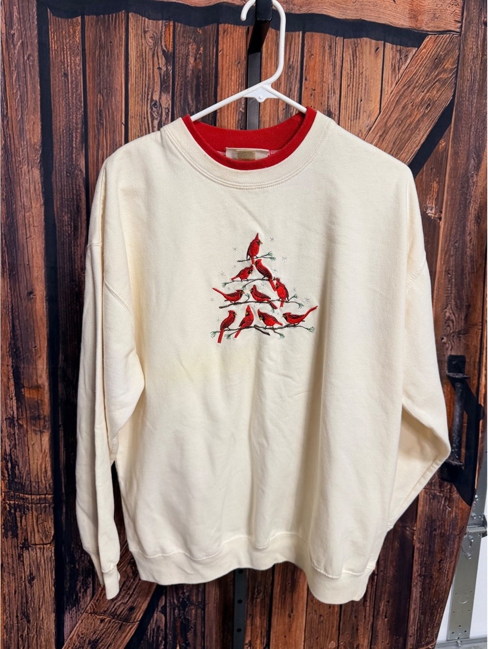 Vintage M & C Sportwear Large Cream Sweatshirt with Red Cardinal Bird Embroidery